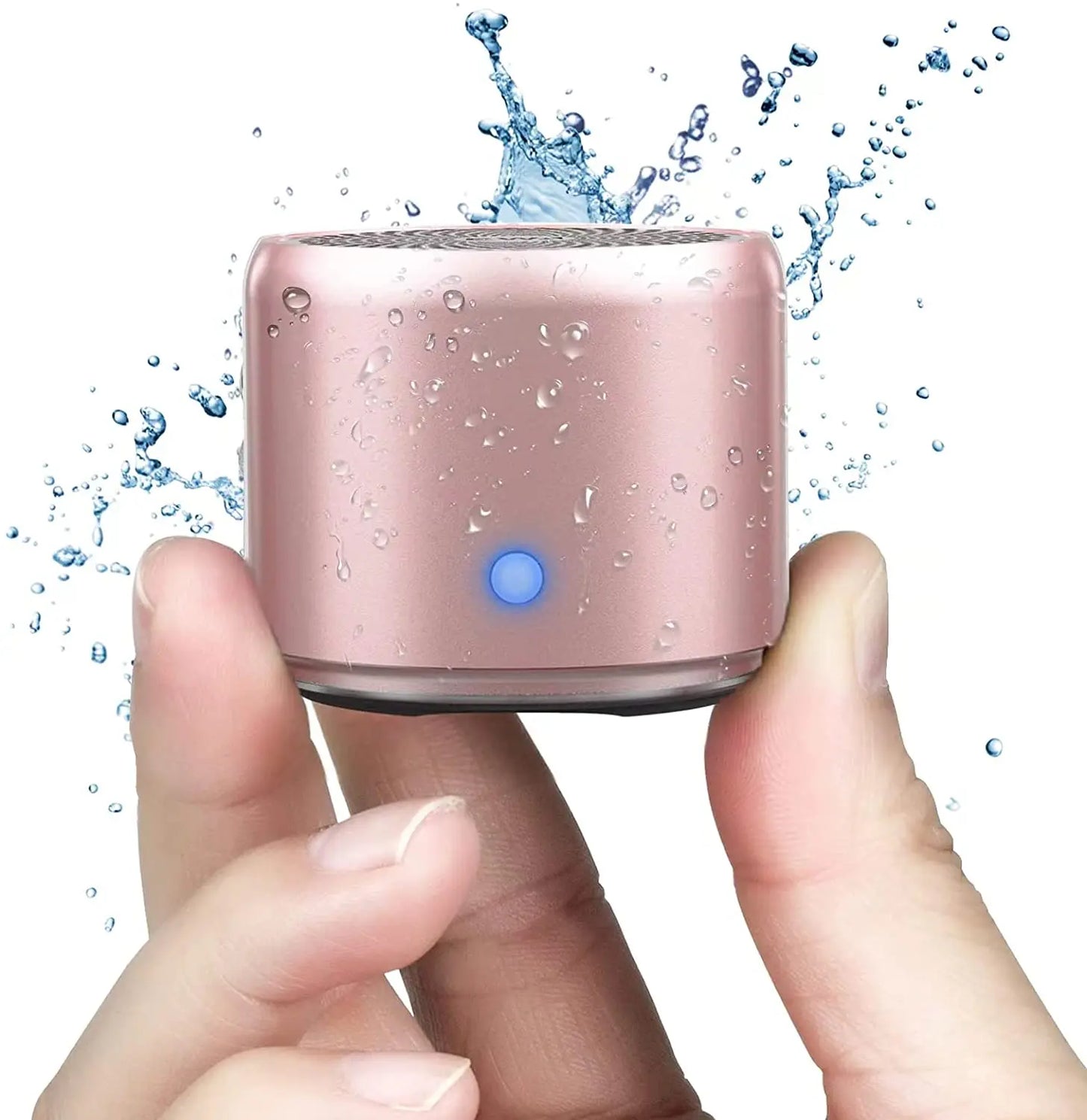 A compact rose gold ewa a106pro mini bluetooth speaker with custom bass radiator, blue power indicator light, and ipx7 waterproof design
