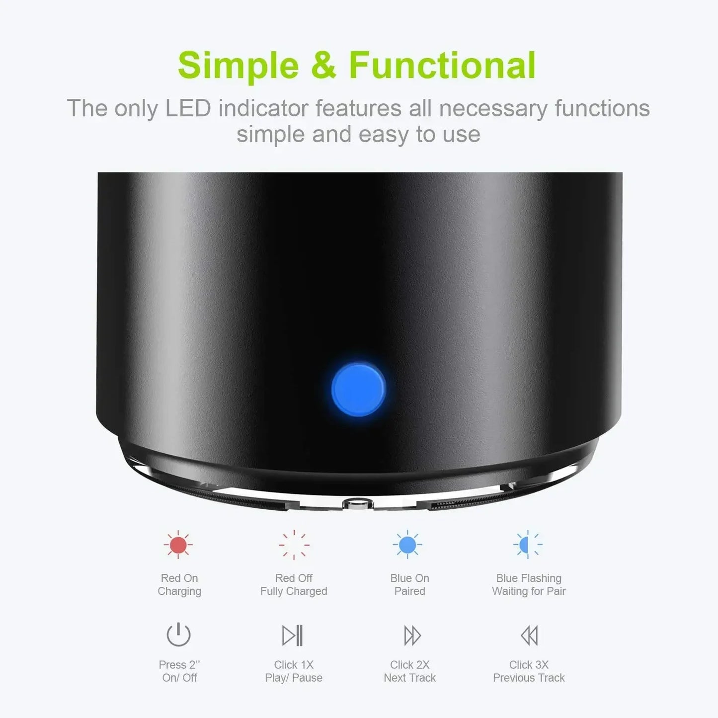 Black cylindrical ewa a106pro bluetooth speaker with blue led indicator light and extended play time feature