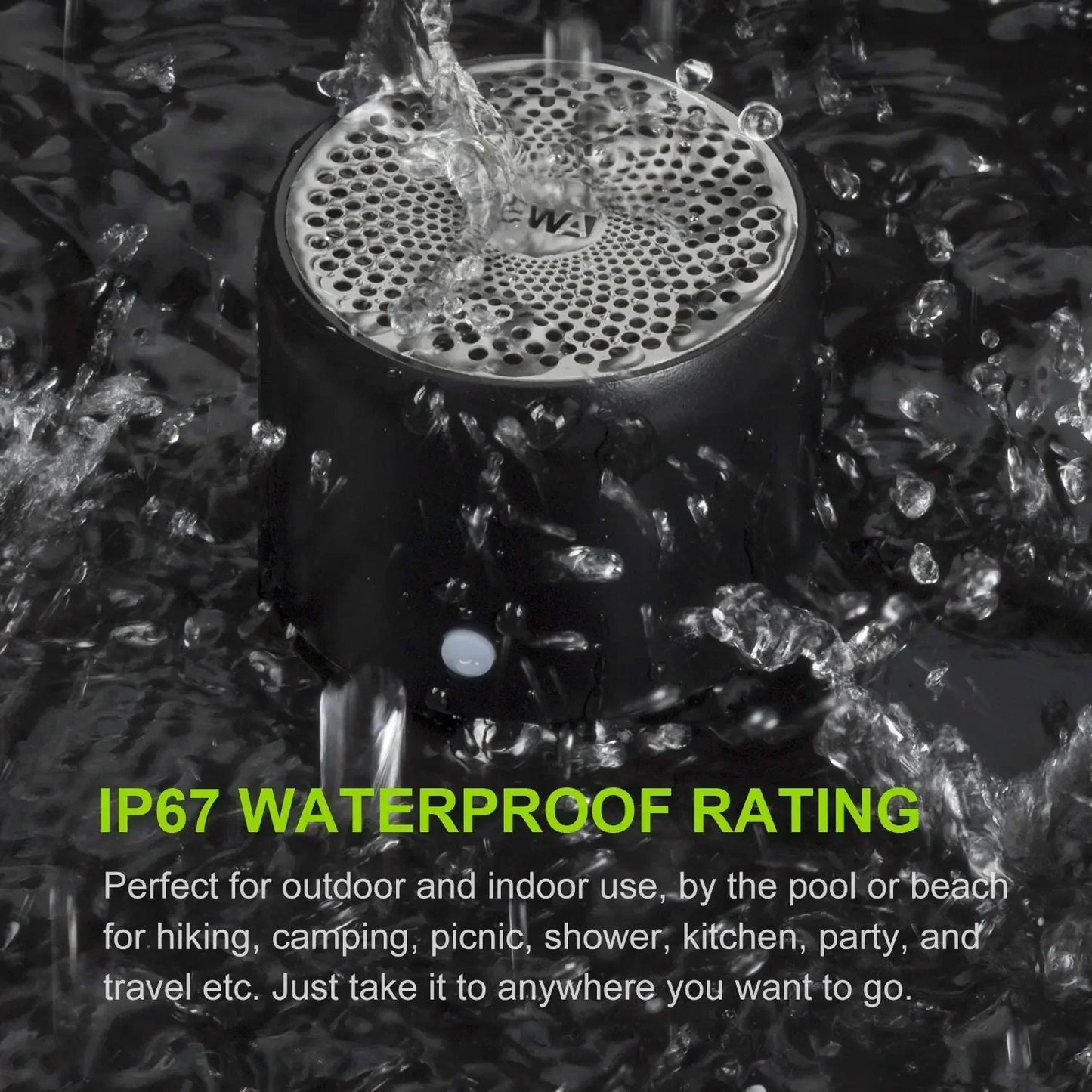 Black cylindrical ewa a106pro mini bluetooth speaker with perforated silver top ip67 waterproof and extended play time
