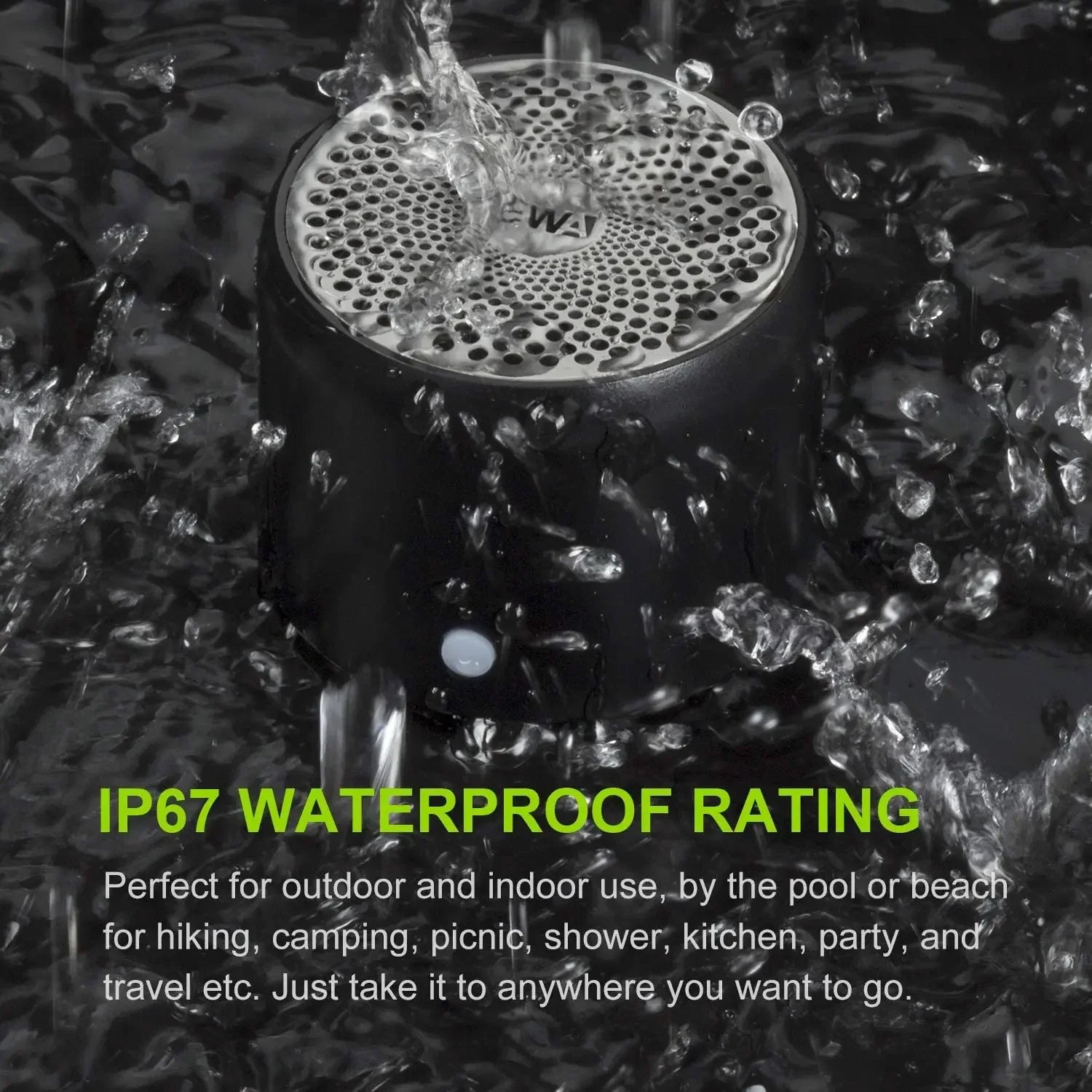 Black cylindrical ewa a106pro mini bluetooth speaker with perforated silver top ip67 waterproof and extended play time