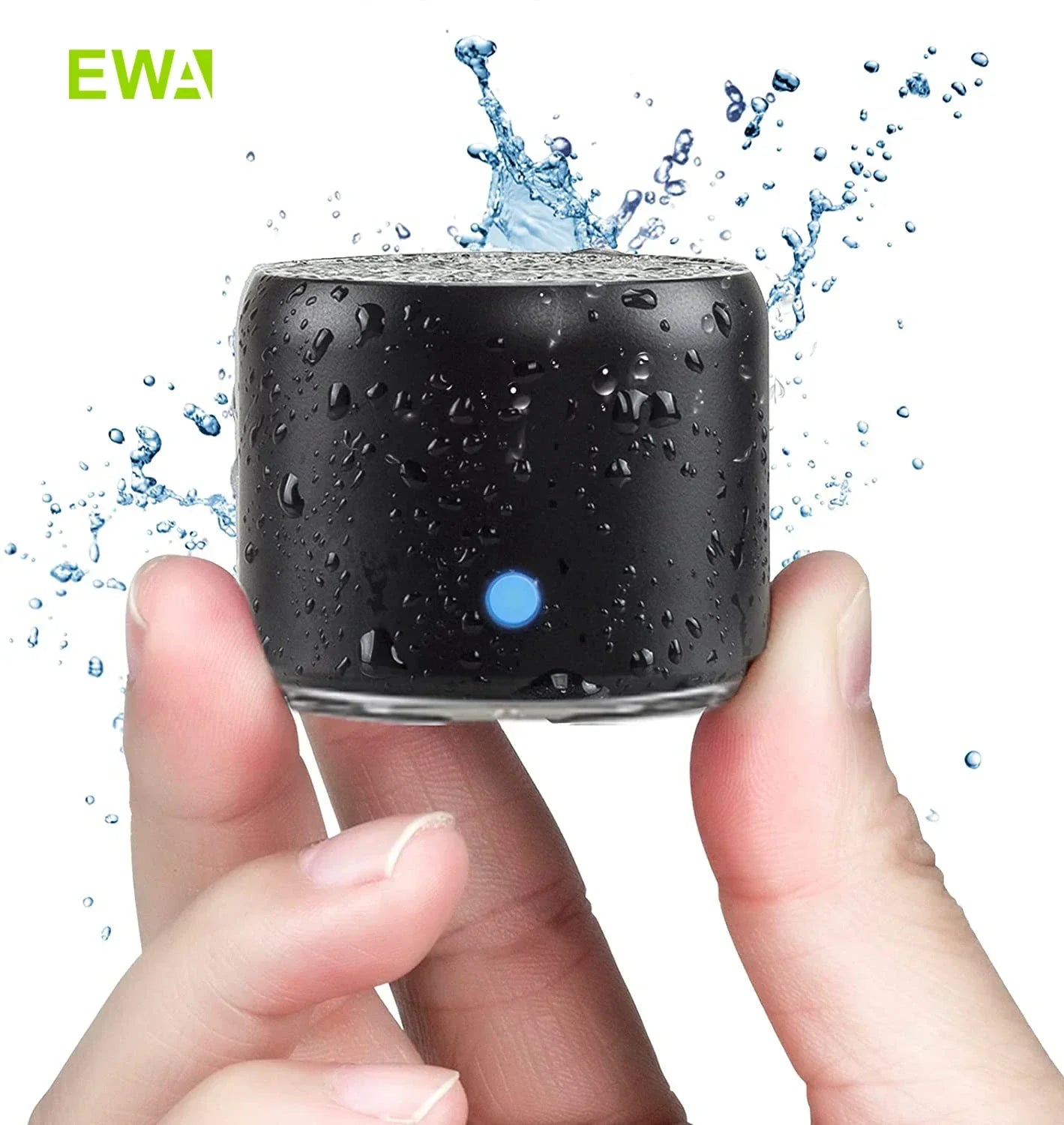 Black cylindrical ewa a106pro waterproof bluetooth speaker with blue power light and extended play time for travel use