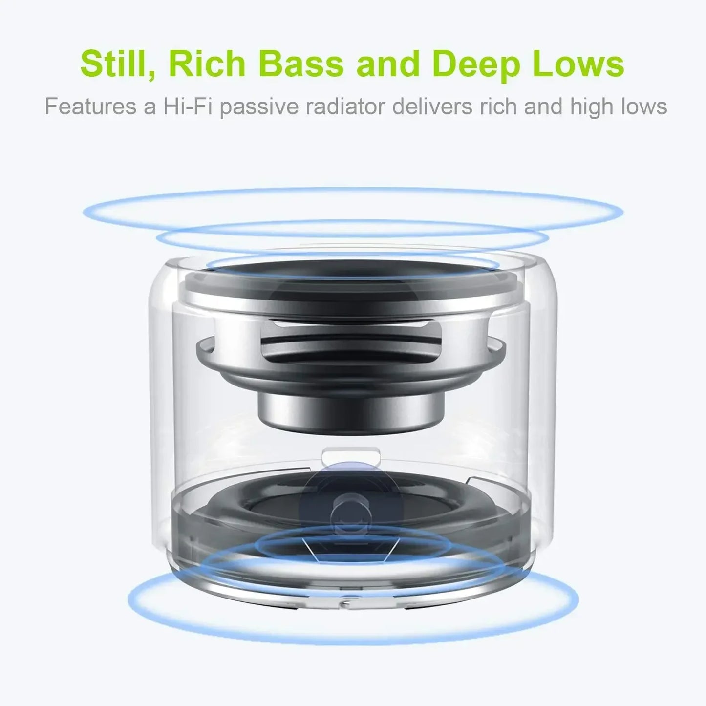Ewa a106pro mini bluetooth speaker with clear cylindrical design, silver bass radiator, black components, rich bass, long play time