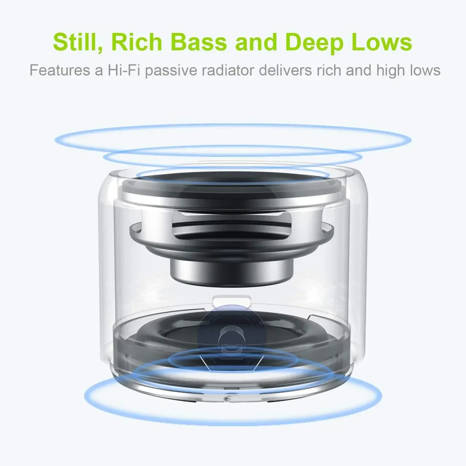 Ewa a106pro mini bluetooth speaker with clear cylindrical design, silver bass radiator, black components, rich bass, long play time