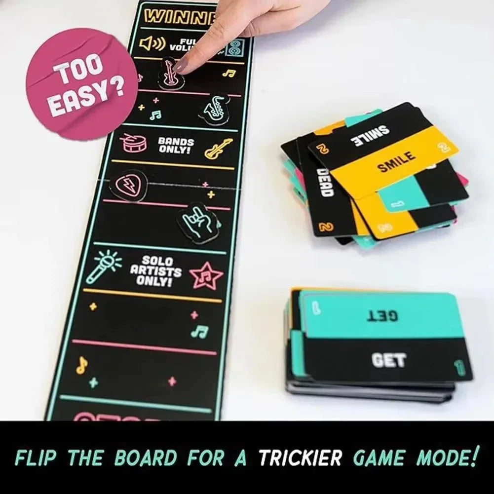Black game board with neon musical icons and hand pointing to winner section in family karaoke game for bad singers