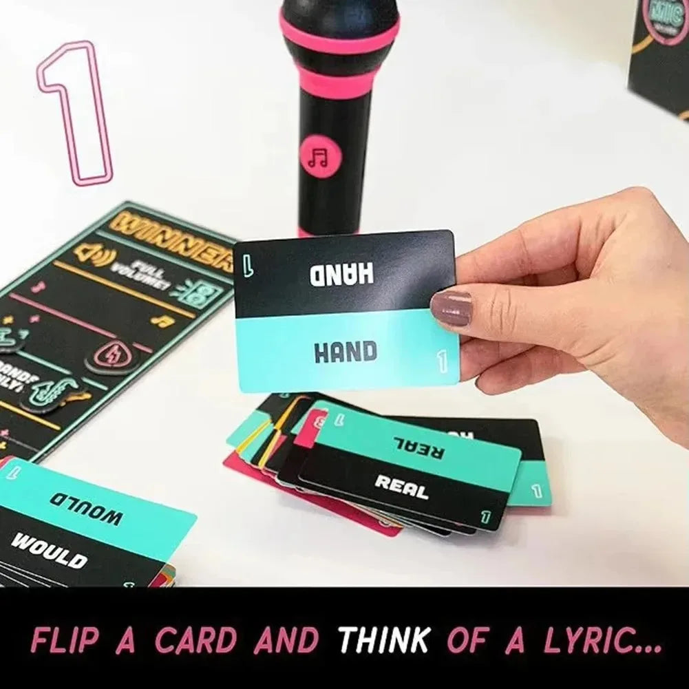 Black and teal lyric card with white text reading hand from exciting grab the mic family karaoke game for bad singers
