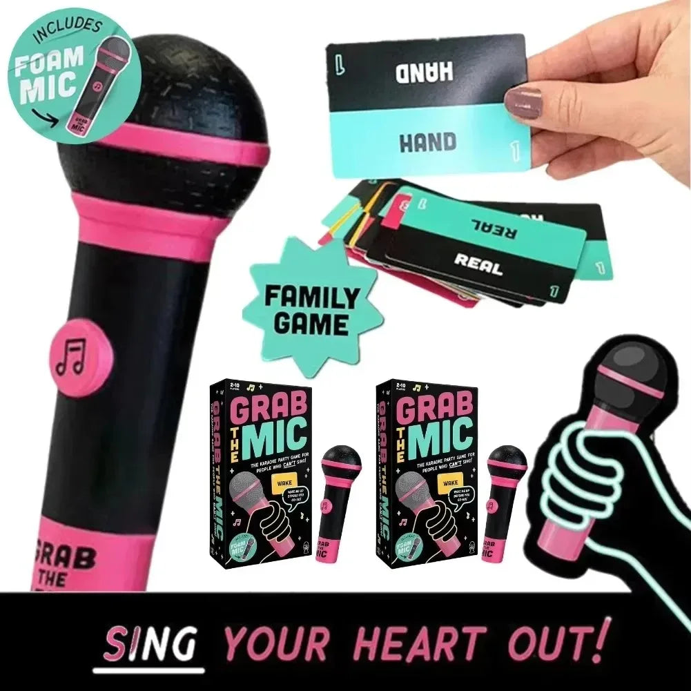 Pink and black foam microphone with musical note button from exciting grab the mic family karaoke game for bad singers
