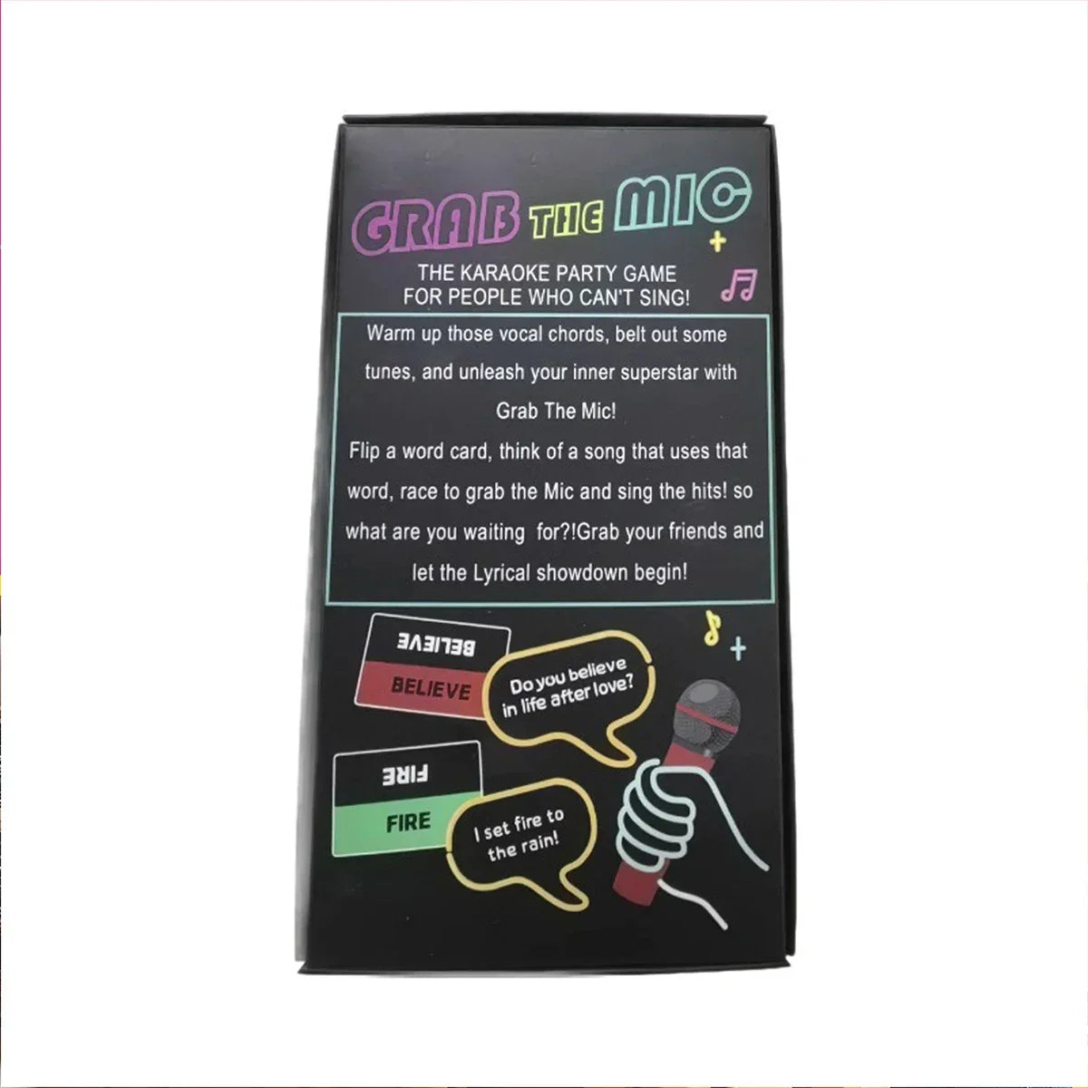 Black rectangular box for family karaoke game featuring colorful neon text and bad singers 125lyric cards design
