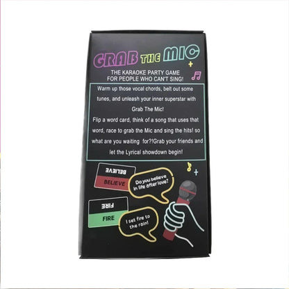 Black rectangular box for family karaoke game featuring colorful neon text and bad singers 125lyric cards design