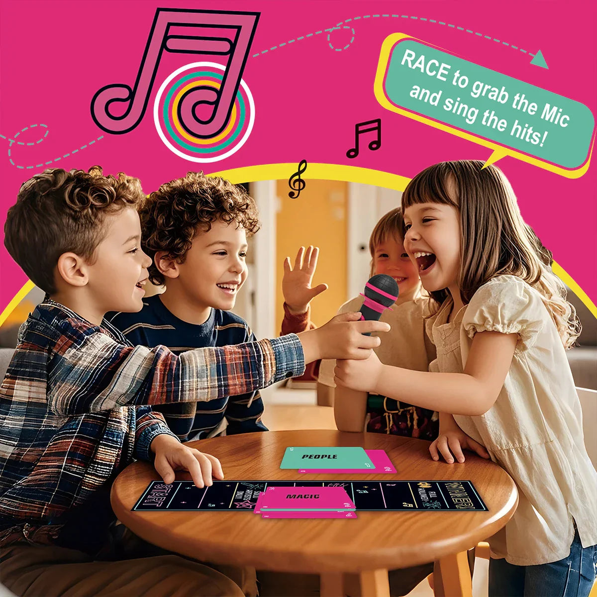 Pink and black striped microphone for family karaoke game with bad singers 125lyric cards for 2 to 10 players