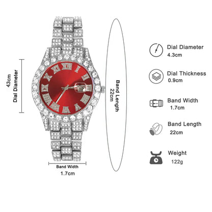 A dazzling red dial watch with silver diamond-encrusted stainless steel case and band for paved rhinestone men