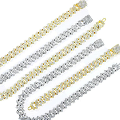 Iced-out gold and silver cuban chain gold necklace with bold diamond-encrusted paved rhinestone men design