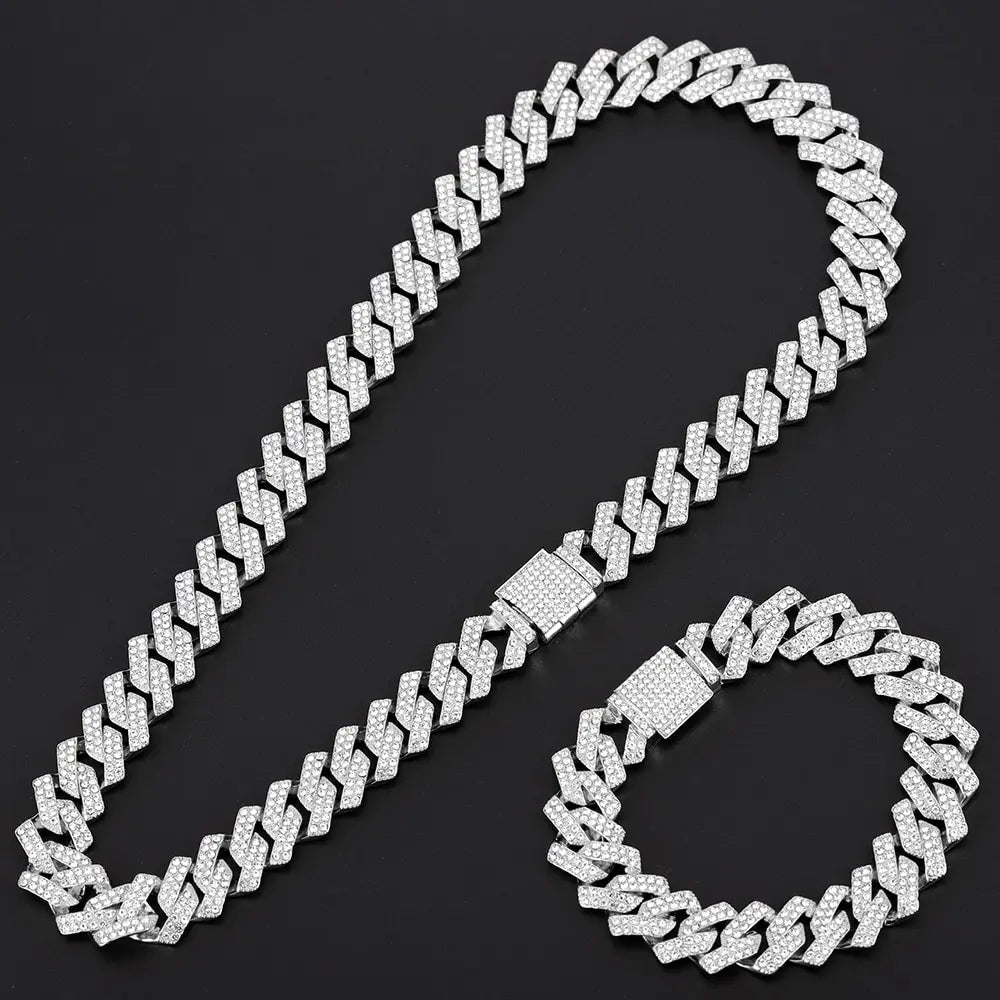 Silver-toned hop rapper cuban chain gold necklace and bracelet set with fully paved rhinestone men design