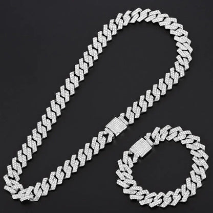 Silver-toned hop rapper cuban chain gold necklace and bracelet set with fully paved rhinestone men design