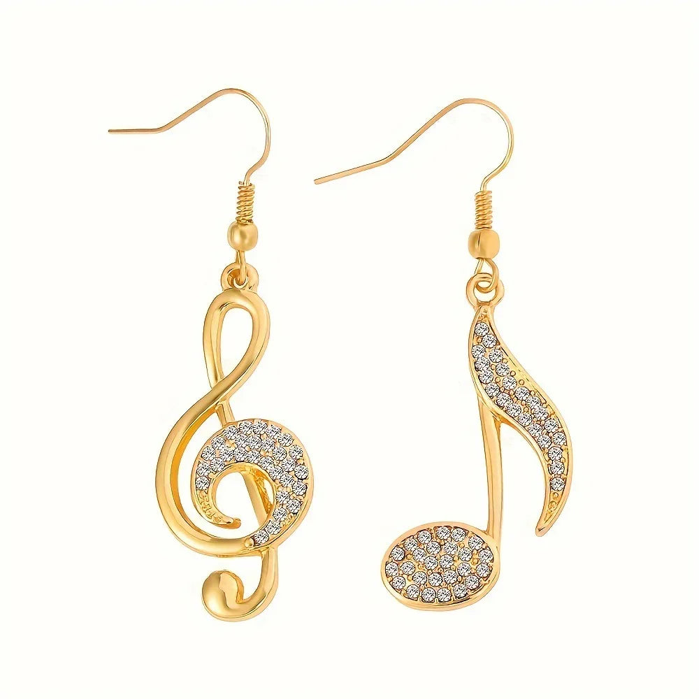 Gold-colored exquisite rhinestone music symbol pendant drop earrings fashion asymmetric with treble clef and eighth note designs