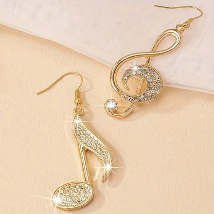 Exquisite rhinestone music symbol pendant drop earrings fashion asymmetric gold-colored with sparkling clear rhinestones