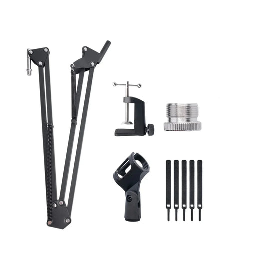 Black extendable recording microphone holder with suspension boom scissor arm and table mounting clamp base