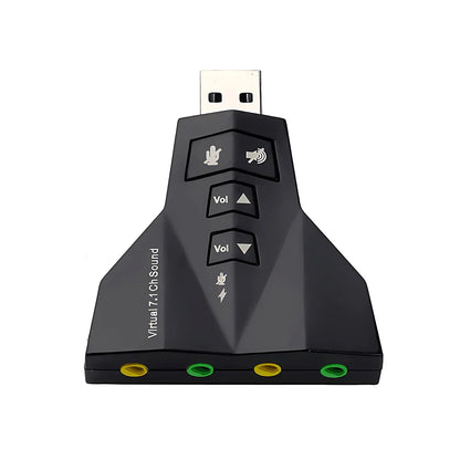 Black virtual usb soundcard with four colored rca jacks and volume control buttons for channel 3d sound audio interface output