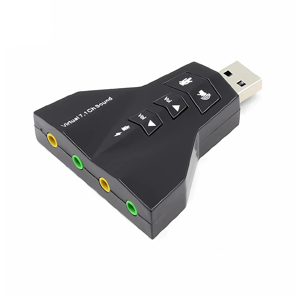 Black external virtual usb soundcard with yellow and green rca jacks volume control and silver usb connector for channel 3d sound audio interface output