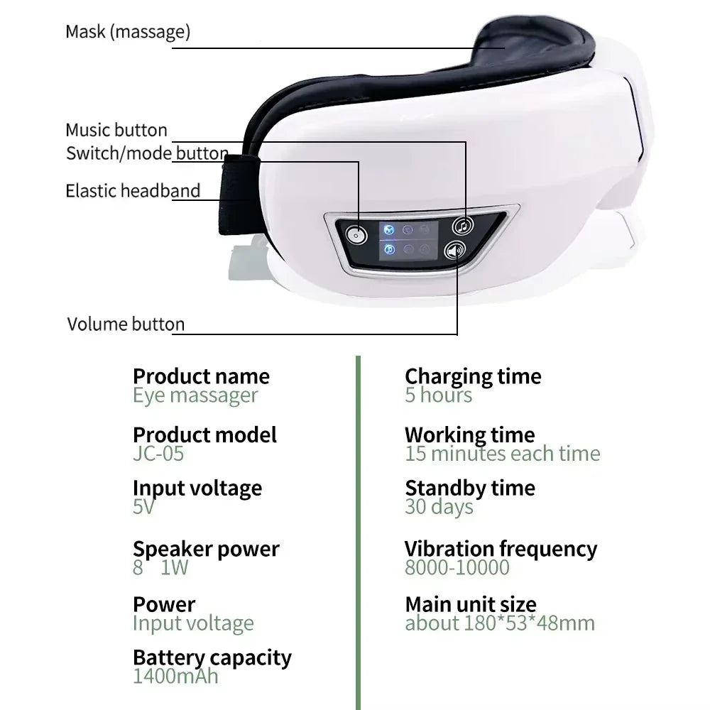 White and black eye massager smart with foldable vibration airbag and massage instrument bluetooth for eye care and relaxation