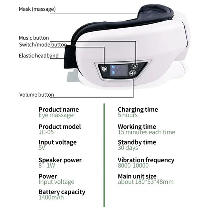 White and black eye massager smart with foldable vibration airbag and massage instrument bluetooth for eye care and relaxation