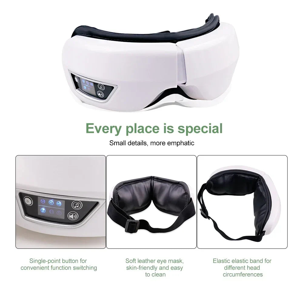 White and black eye massager smart with soft leather padding foldable vibration airbag and elastic band for adjustable fit