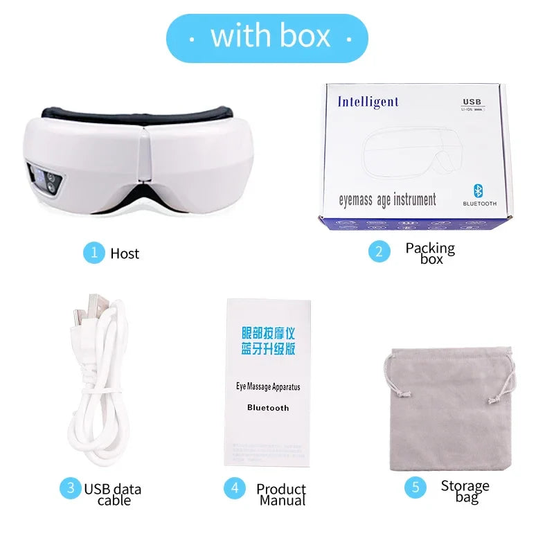 White plastic eye massager smart with foldable vibration airbag and black padded straps for eye care and relaxation