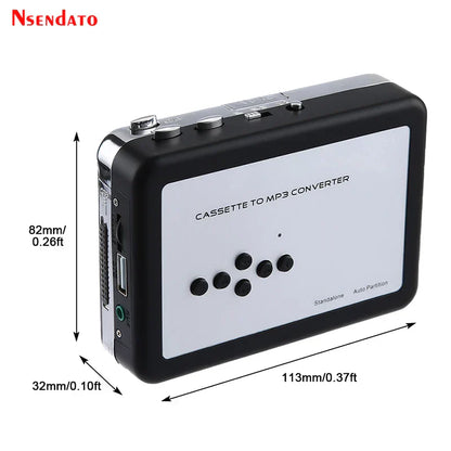 Black and silver Ezcap 231 usb cassette tape mp3 converter tapes with a white front panel featuring buttons and labeled ports