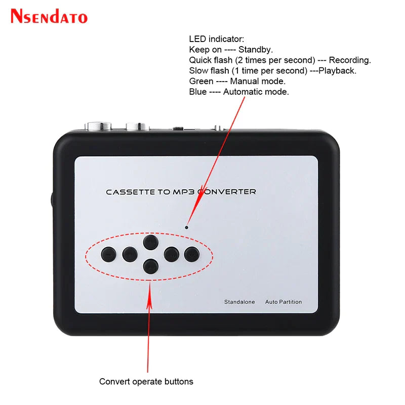 Black and silver ezcap 231 usb cassette tape mp3 converter tapes with white front panel and six black buttons for operation
