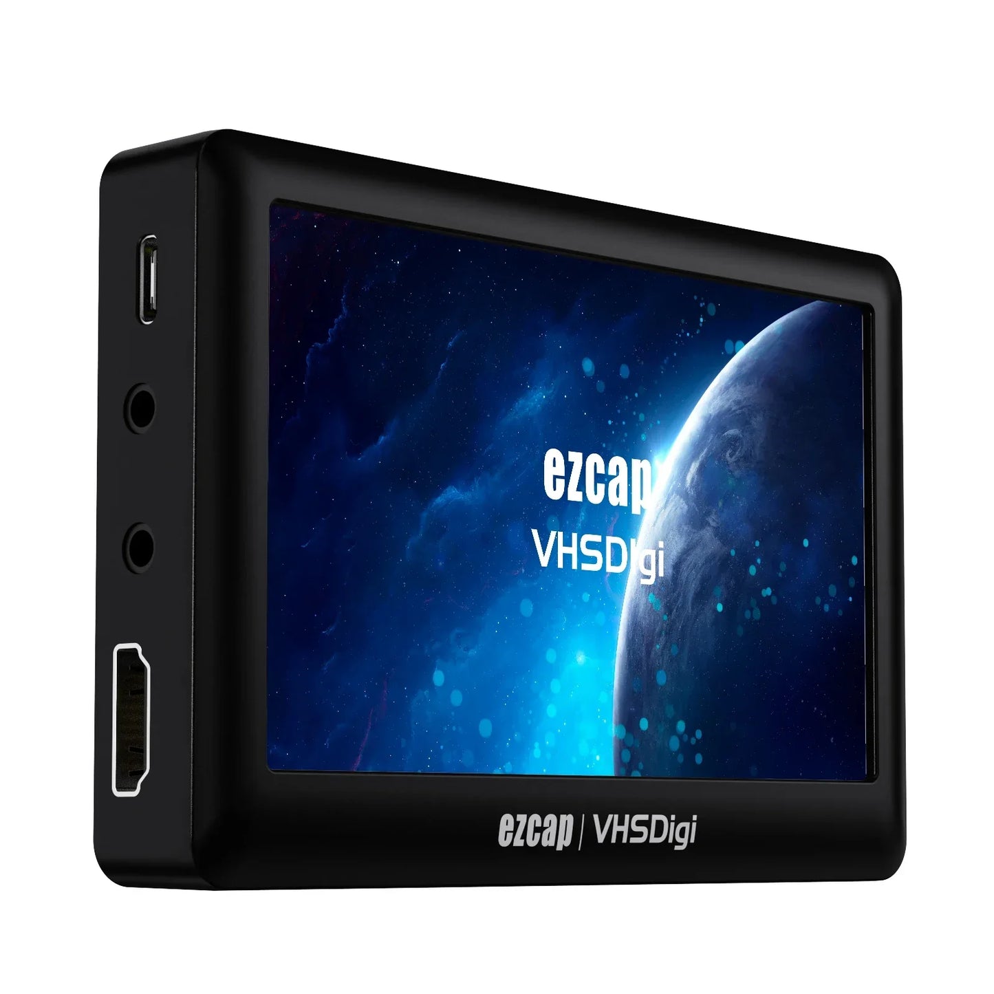 Black ezcap180 av recorder monitor with blue space-themed display featuring audio capture box and capture box analog functions