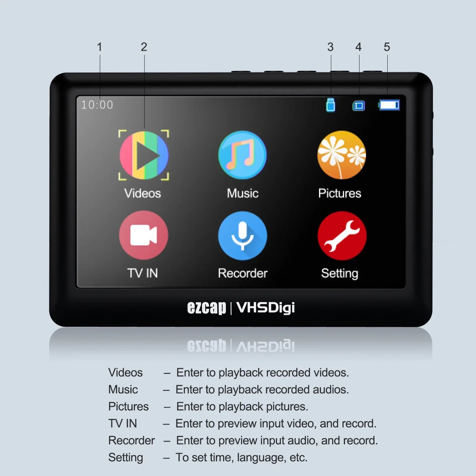 Black ezcap180 av recorder audio capture box with touchscreen displaying colorful app icons for video and audio capture