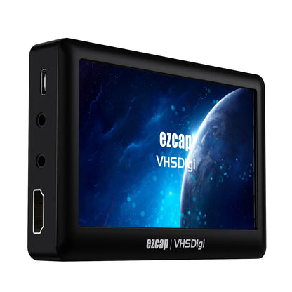 Black ezcap180 av recorder audio capture box with blue space-themed display for analog to digital video capture