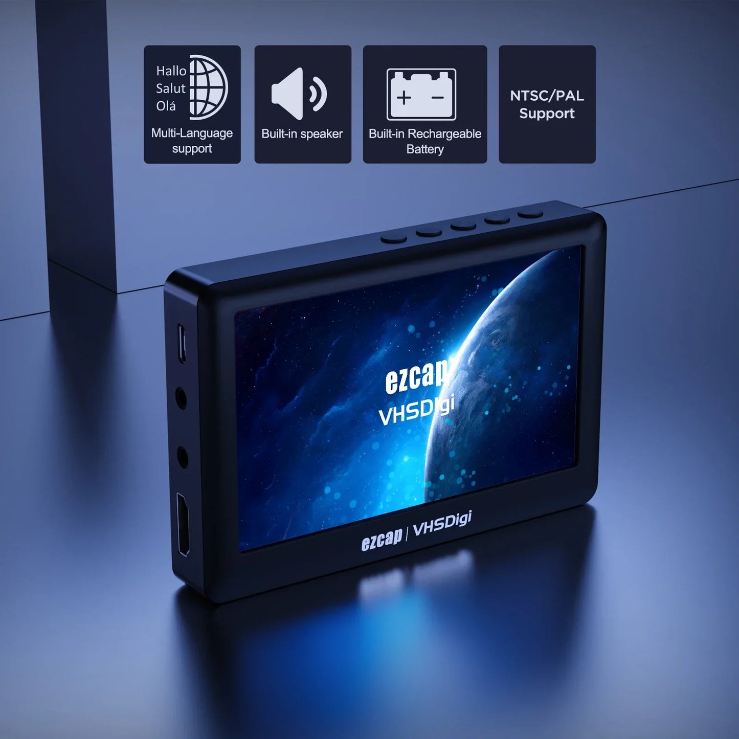 Black ezcap180 av recorder audio capture box with sleek rectangular design and vibrant blue space-themed display screen