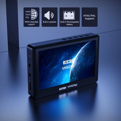 Black ezcap180 av recorder audio capture box with sleek rectangular design and vibrant blue space-themed display screen