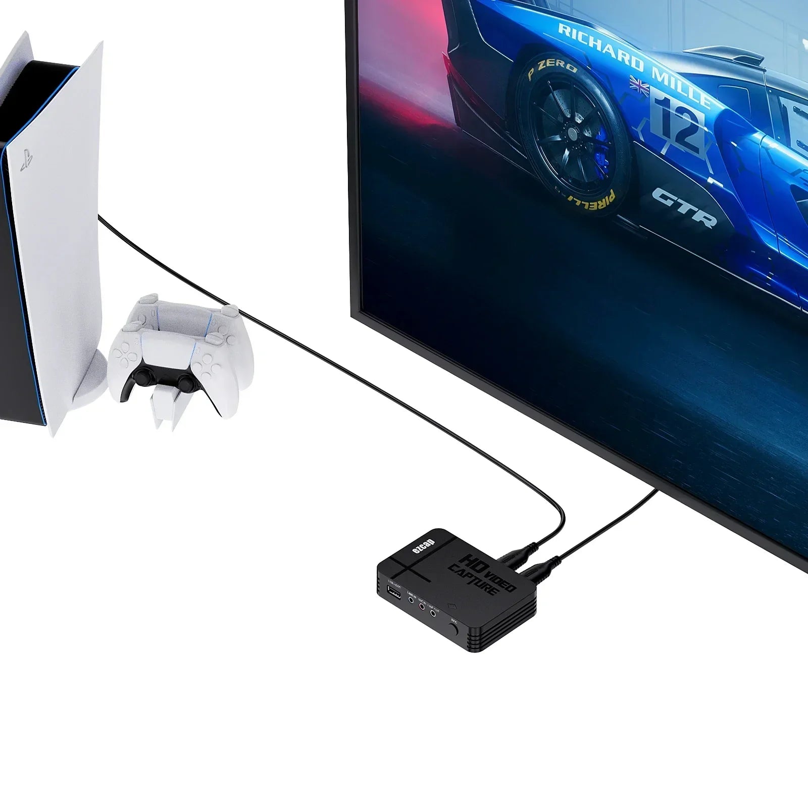 Black ezcap288p hdmi av video capture device with labeled ports and matte finish for 1080p recording loop