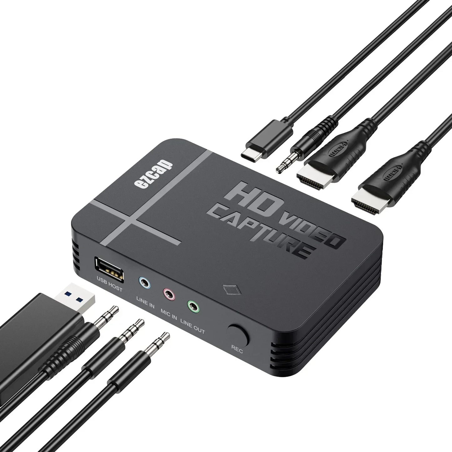 Black ezcap288p hdmi av video capture device with multiple ports and cables for 1080p recording loop and usb save