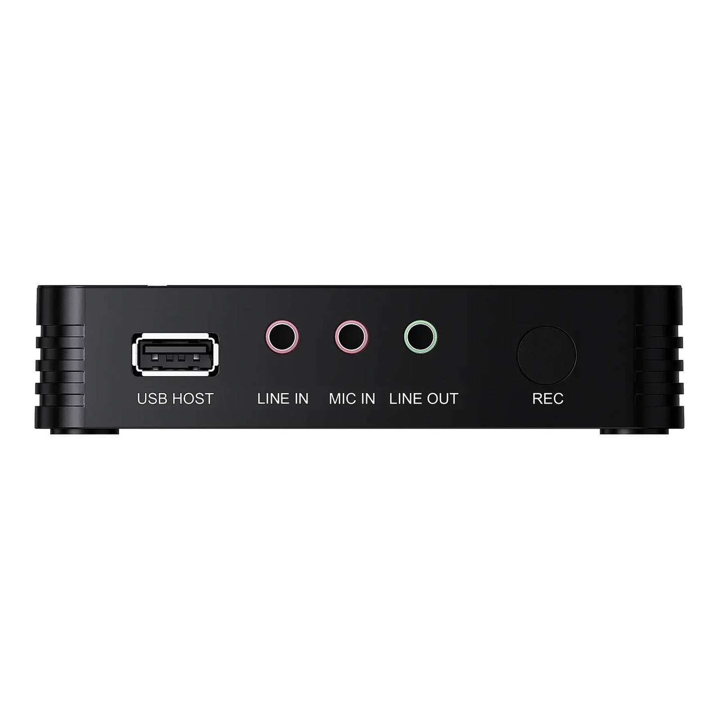 Black rectangular ezcap288p hdmi av video capture card back with usb port, colored input/output jacks, and record button for 1080p recording loop