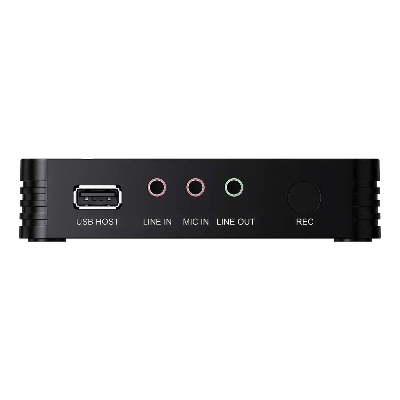 Black rectangular ezcap288p hdmi av video capture card back with usb port, colored input/output jacks, and record button for 1080p recording loop