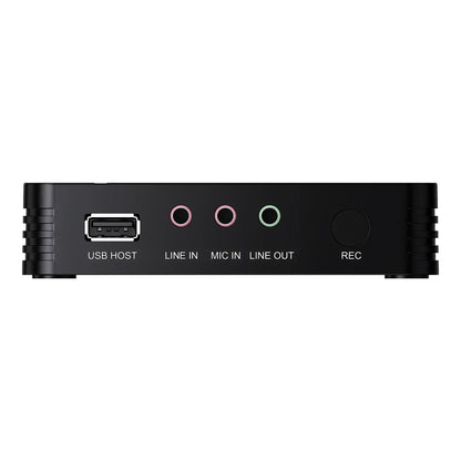 Black rectangular ezcap288p hdmi av video capture card back with usb port, colored input/output jacks, and record button for 1080p recording loop