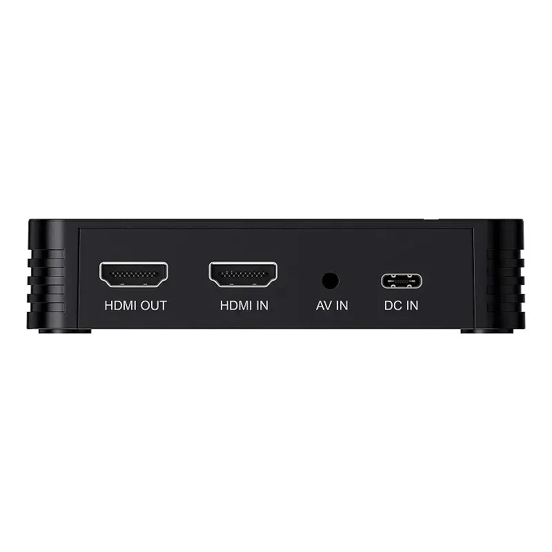 Black rectangular ezcap288p hdmi av video capture card with labeled hdmi in out av in and dc in ports for 1080p recording loop