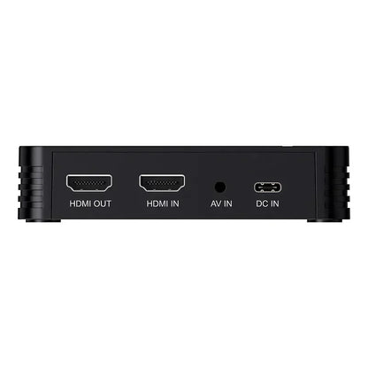 Black rectangular ezcap288p hdmi av video capture card with labeled hdmi in out av in and dc in ports for 1080p recording loop