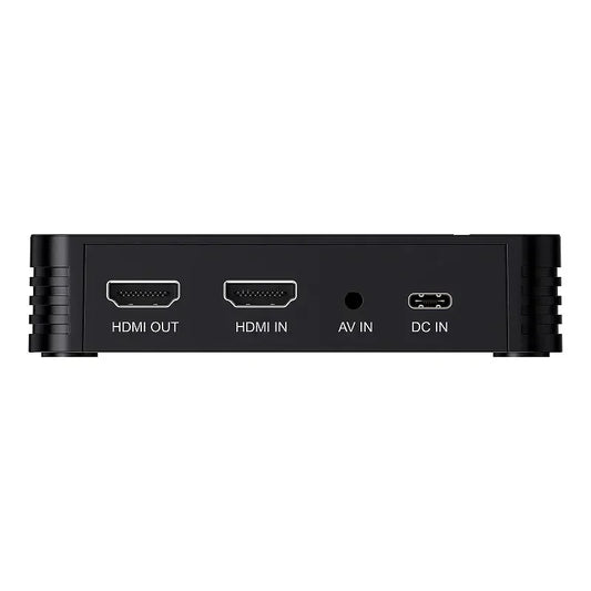 Black rectangular ezcap288p hdmi av video capture card with labeled hdmi in out av in and dc in ports for 1080p recording loop