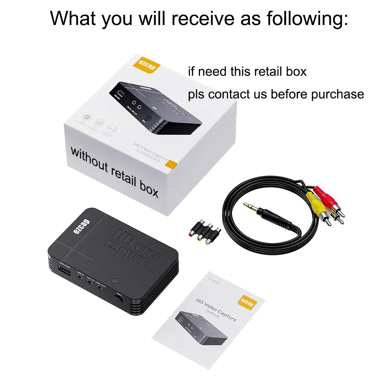 Black rectangular ezcap288p hdmi av video capture card with silver lettering and multiple ports for 1080p recording loop