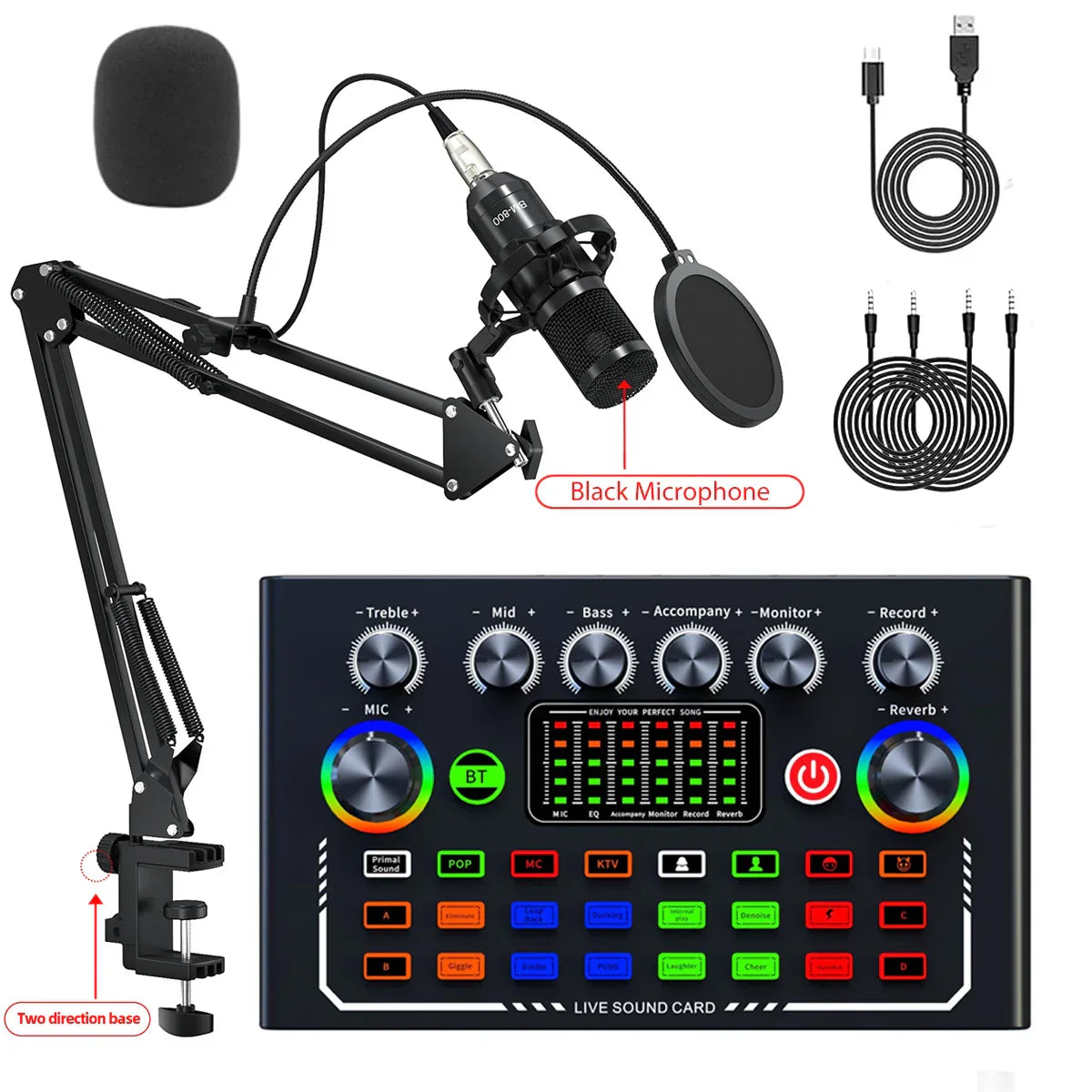 Black condenser microphone with pop filter on adjustable arm mounted on f009 live sound card audio dj mixer for smartphone live streaming