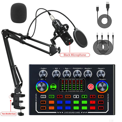 Black condenser microphone with pop filter on adjustable arm mounted on f009 live sound card audio dj mixer for smartphone live streaming