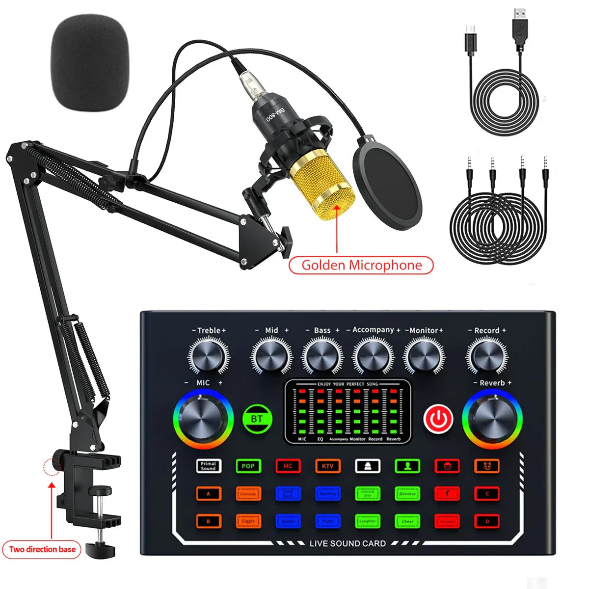 Golden microphone with metallic gold mesh grille and black body mounted on adjustable arm for f009 live sound audio dj mixer smartphone live streaming
