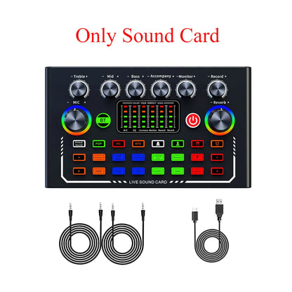 Black f009 live sound card with silver knobs colorful led indicators and buttons for audio dj mixer smartphone live streaming