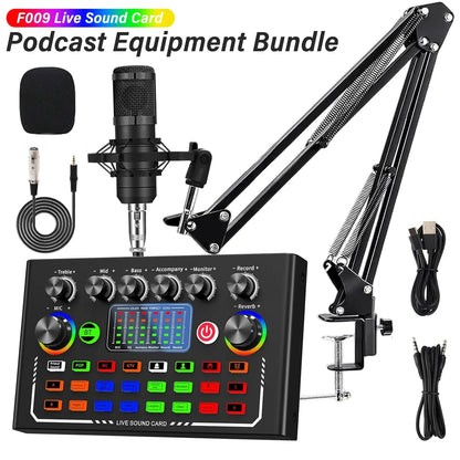 Black f009 live sound card broadcast equipment bundle with adjustable microphone stand and cables for smartphone live streaming and audio dj mixer