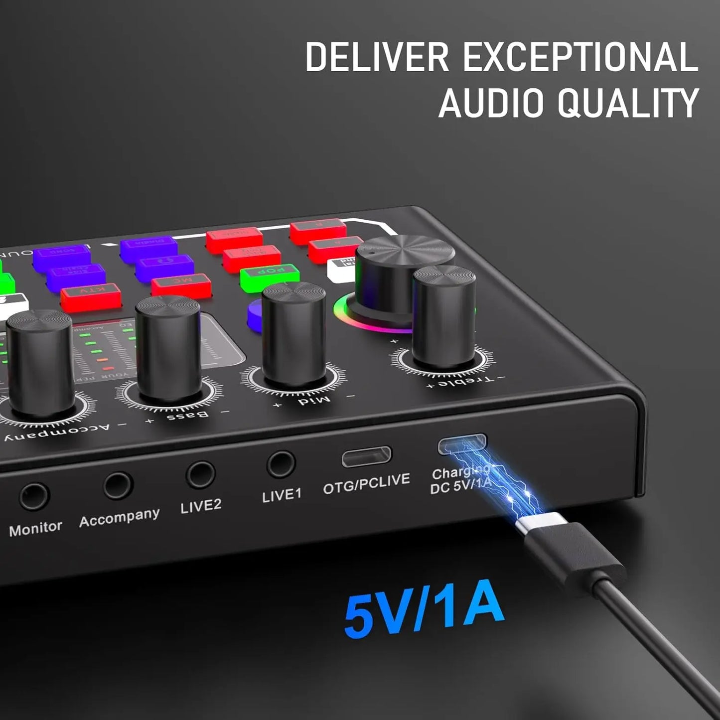Black compact f009 live sound audio dj mixer with colorful buttons and usb-c port for smartphone live streaming use