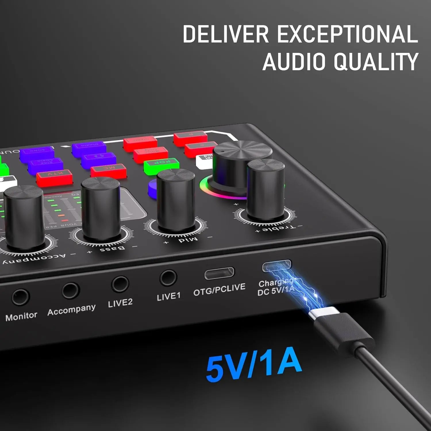 Black compact f009 live sound audio dj mixer with colorful buttons and usb-c port for smartphone live streaming use