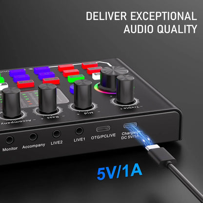 Black compact f009 live sound audio dj mixer with colorful buttons and usb-c port for smartphone live streaming use